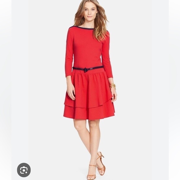 Ralph Lauren NEW Dropped Waist Dress Bistro Red with Navy Trim and Belt   Med - Picture 1 of 10